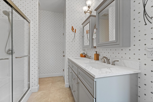 20 Webster Ln Unit 20, Middletown, CT 06457 - full bathroom featuring a stall shower, double vanity, tile patterned floors, and wallpapered walls