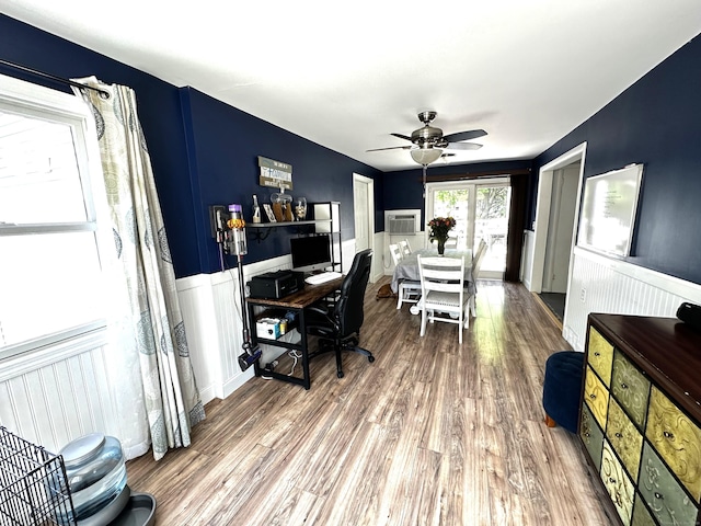 17 Aspen Ct, Norwich, CT 06360 - office featuring wood finished floors, ceiling fan, wainscoting, and a wall mounted air conditioner