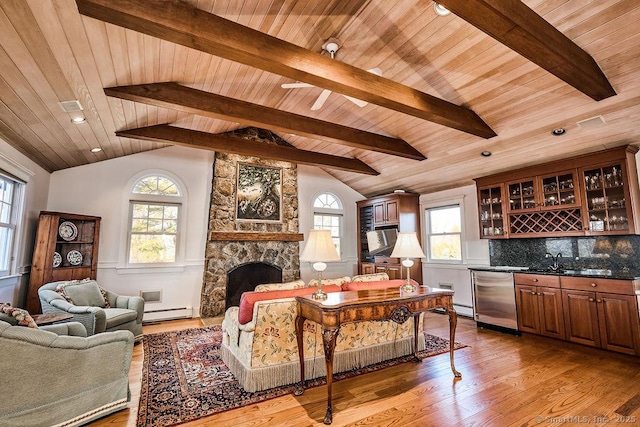 14 Great Marsh Rd, Westport, CT 06880 - living room with wood ceiling, light wood-style floors, bar area, a baseboard radiator, and a fireplace