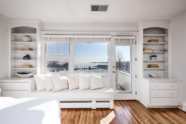 14 Great Marsh Rd, Westport, CT 06880 - bedroom featuring access to exterior, wood finished floors, and ornamental molding