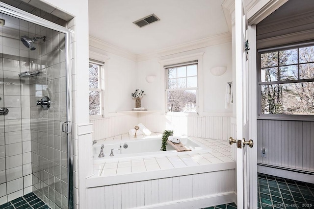 14 Great Marsh Rd, Westport, CT 06880 - bathroom featuring a wainscoted wall, a stall shower, a garden tub, crown molding, and tile patterned flooring