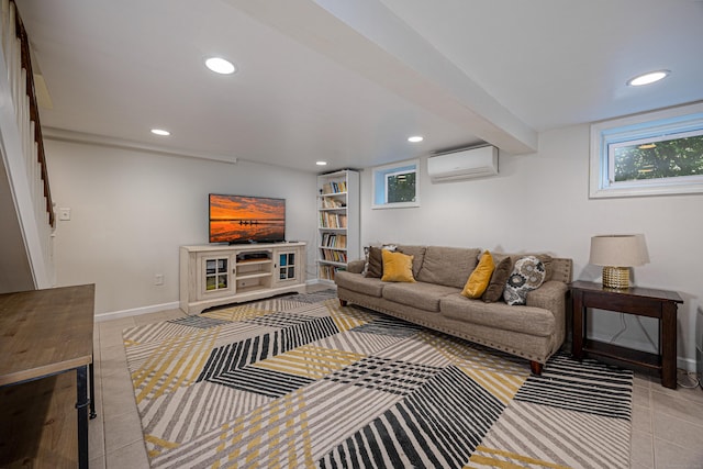 23 Hale St, Westport, CT 06880 - living area with a wall mounted air conditioner, light tile patterned floors, recessed lighting, plenty of natural light, and baseboards