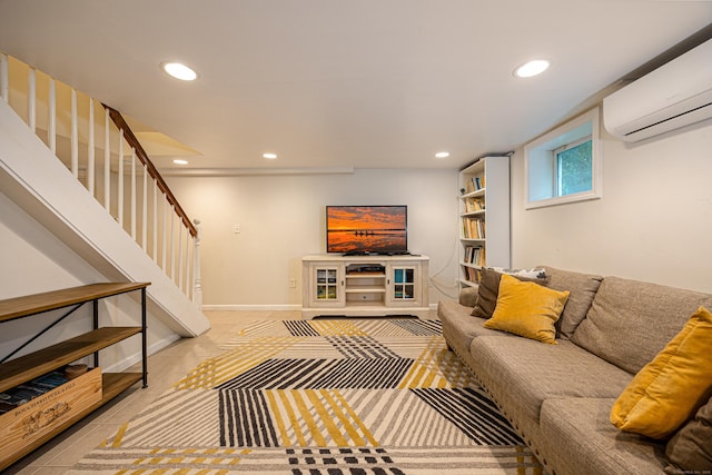 23 Hale St, Westport, CT 06880 - living room with a wall unit AC, recessed lighting, stairway, and tile patterned flooring