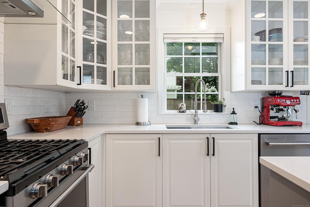 23 Hale St, Westport, CT 06880 - kitchen featuring a sink, stainless steel appliances, white cabinets, decorative backsplash, and glass insert cabinets