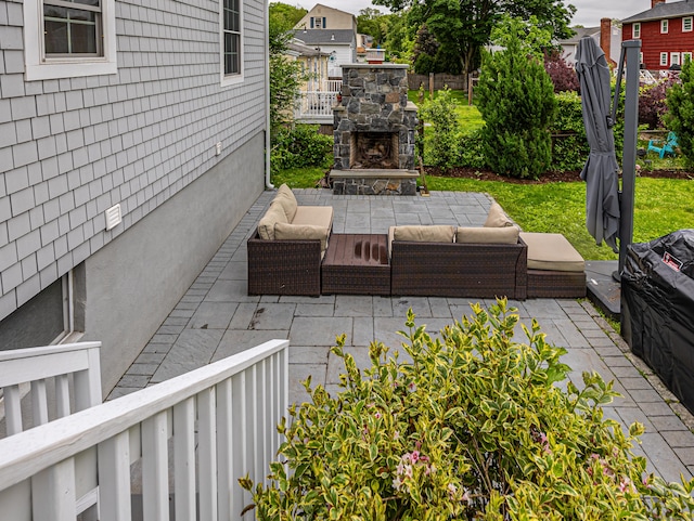 23 Hale St, Westport, CT 06880 - view of patio with an outdoor living space with a fireplace
