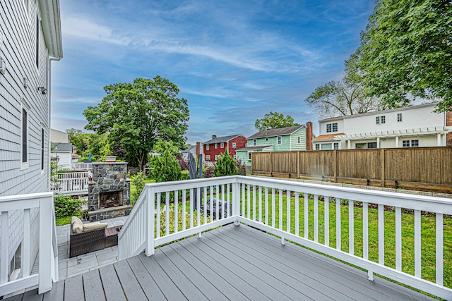23 Hale St, Westport, CT 06880 - wooden deck featuring a residential view and an outdoor stone fireplace