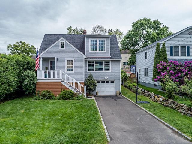 23 Hale St, Westport, CT 06880 - view of front of property featuring stairs, asphalt driveway, a chimney, a shingled roof, and a front lawn