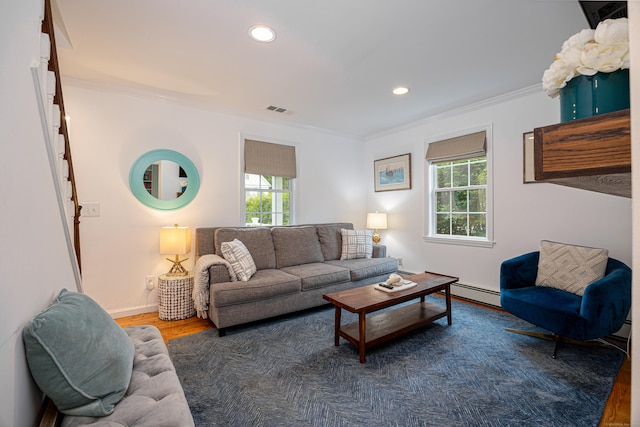 23 Hale St, Westport, CT 06880 - living room featuring plenty of natural light, ornamental molding, baseboard heating, wood finished floors, and recessed lighting