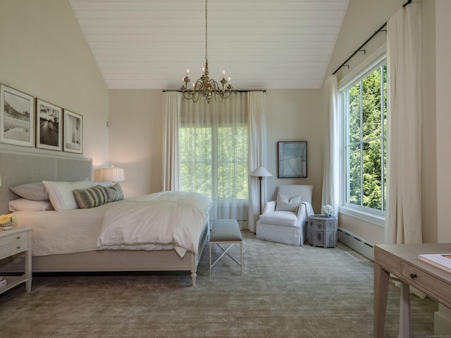 7 Hanna Ln, Essex, CT 06426 - carpeted bedroom featuring vaulted ceiling, a chandelier, a baseboard heating unit, and wooden ceiling