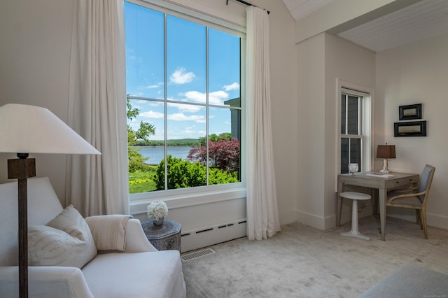 7 Hanna Ln, Essex, CT 06426 - sitting room featuring baseboard heating, a water view, and carpet floors
