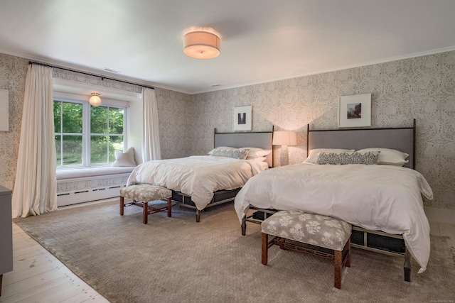 7 Hanna Ln, Essex, CT 06426 - bedroom with wallpapered walls, baseboard heating, wood finished floors, and crown molding
