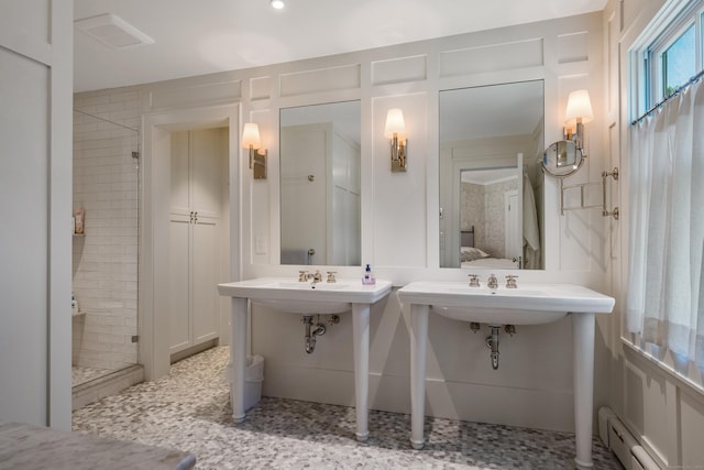 7 Hanna Ln, Essex, CT 06426 - bathroom featuring a baseboard radiator, ensuite bath, and a shower stall