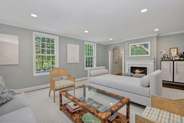 49 Dogwood Ln, New Canaan, CT 06840 - living area featuring recessed lighting, baseboards, crown molding, a high end fireplace, and wood finished floors