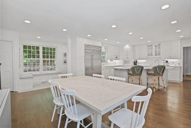49 Dogwood Ln, New Canaan, CT 06840 - dining area with recessed lighting and dark wood-style floors