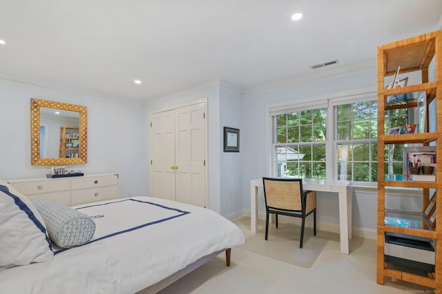 49 Dogwood Ln, New Canaan, CT 06840 - bedroom with recessed lighting, baseboards, crown molding, and light carpet
