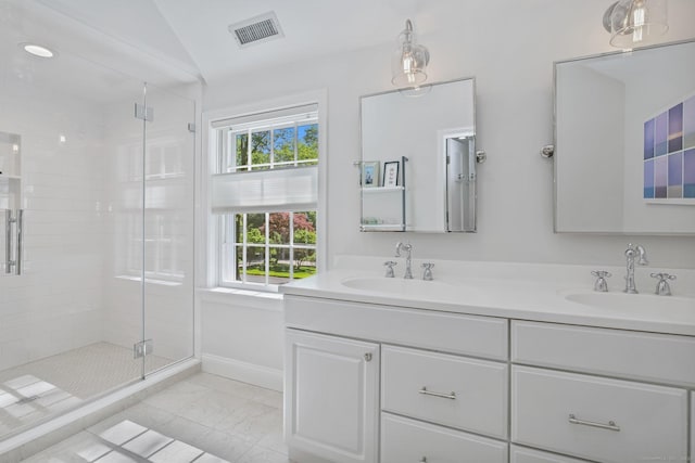 49 Dogwood Ln, New Canaan, CT 06840 - full bathroom featuring healthy amount of natural light, double vanity, a shower stall, and lofted ceiling