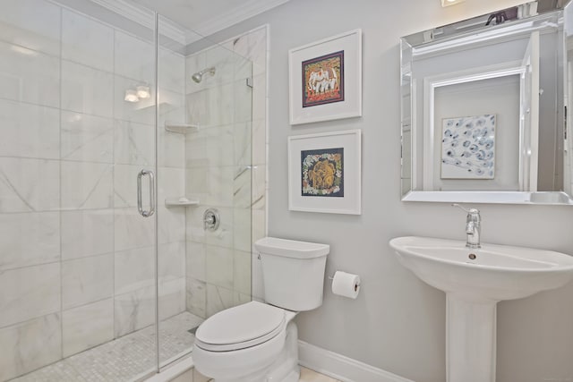 49 Dogwood Ln, New Canaan, CT 06840 - full bath with crown molding, toilet, a shower stall, baseboards, and a sink
