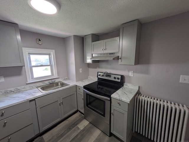 386 Platt Ave, West Haven, CT 06516 - kitchen with stainless steel electric range, gray cabinets, a sink, radiator heating unit, and under cabinet range hood