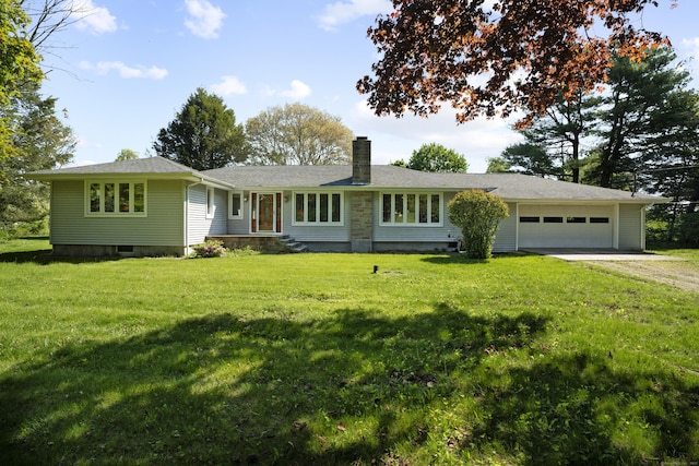 241 Clarks Falls Rd, North Stonington, CT 06359 - ranch-style house featuring a chimney, dirt driveway, an attached garage, and a front lawn