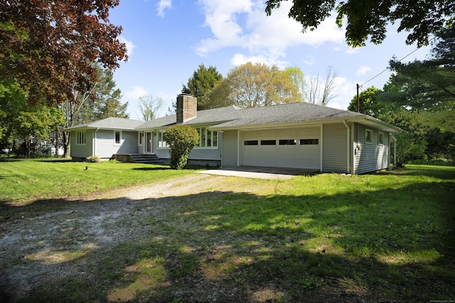241 Clarks Falls Rd, North Stonington, CT 06359 - single story home featuring a chimney, a garage, driveway, and a front yard