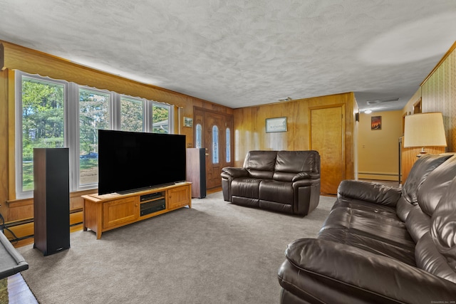 241 Clarks Falls Rd, North Stonington, CT 06359 - living room featuring light colored carpet, wood walls, baseboard heating, and a textured ceiling