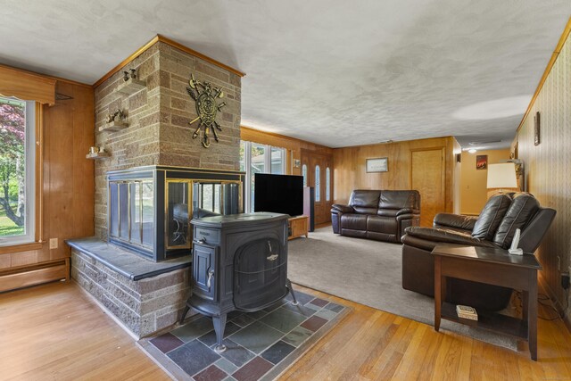 241 Clarks Falls Rd, North Stonington, CT 06359 - living area with wood finished floors, wood walls, baseboard heating, and a fireplace