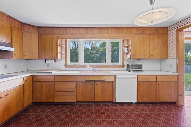 241 Clarks Falls Rd, North Stonington, CT 06359 - kitchen with a sink, open shelves, white dishwasher, dark floors, and light countertops