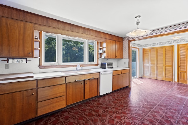 241 Clarks Falls Rd, North Stonington, CT 06359 - kitchen with open shelves, dishwasher, a sink, dark floors, and light countertops