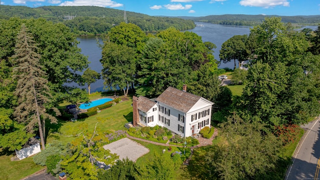 55 Main St, East Haddam, CT 06423 - aerial view of property and surrounding area with a nearby body of water, a forest, and a pool