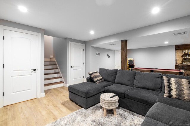 123 Cobblestone Dr, Southington, CT 06479 - living area featuring light wood-type flooring, recessed lighting, stairs, baseboards, and pool table