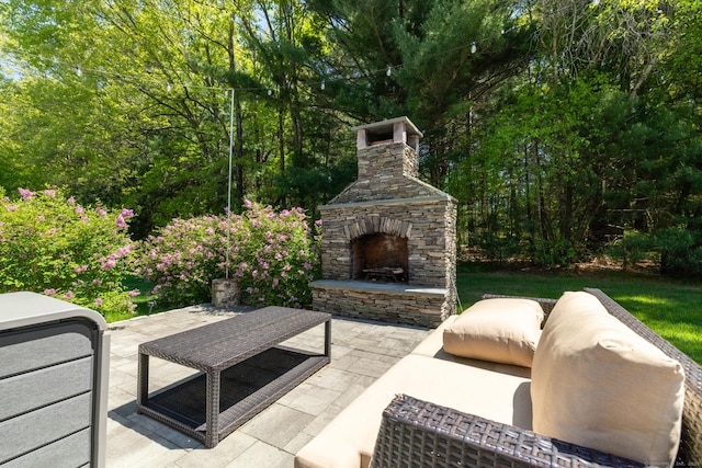 123 Cobblestone Dr, Southington, CT 06479 - view of patio featuring an outdoor stone fireplace