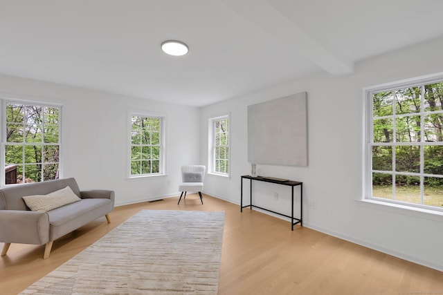 sitting room featuring light wood-type flooring and baseboards