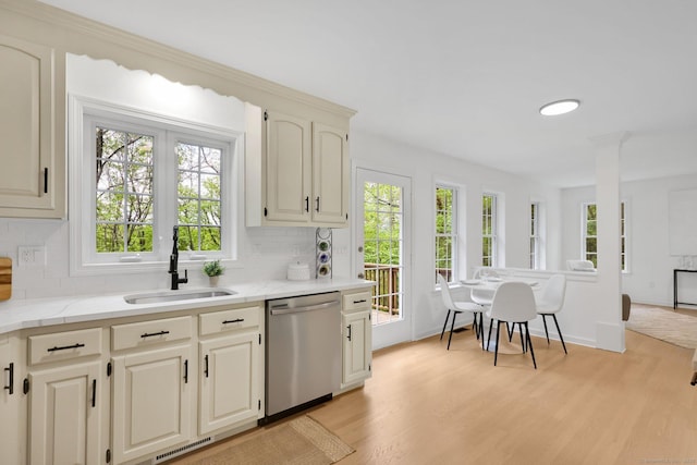 bar featuring dishwasher, a sink, backsplash, and healthy amount of natural light