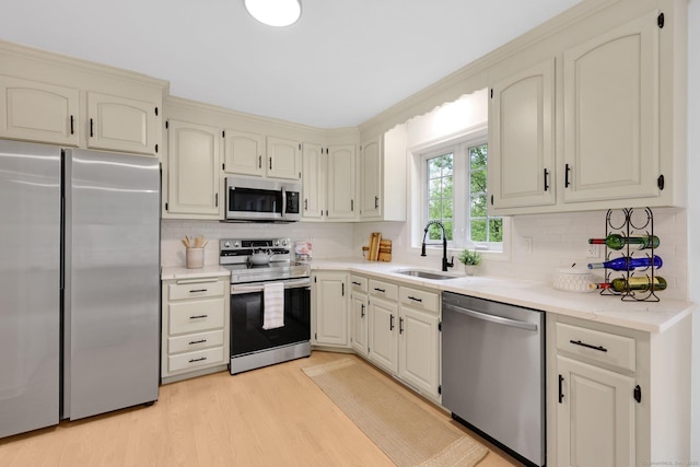 kitchen with appliances with stainless steel finishes, a sink, light wood-style floors, and backsplash