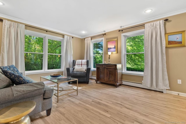 15 Westwood Rd, Essex, CT 06442 - living area featuring crown molding, light wood-type flooring, baseboards, recessed lighting, and a baseboard heating unit