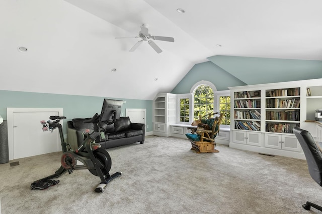 15 Westwood Rd, Essex, CT 06442 - workout room with carpet, vaulted ceiling, a ceiling fan, and built in features
