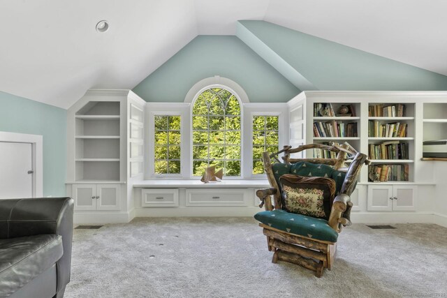 15 Westwood Rd, Essex, CT 06442 - living area featuring lofted ceiling, carpet floors, and built in features