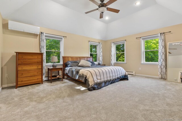 15 Westwood Rd, Essex, CT 06442 - carpeted bedroom featuring a wall unit AC, a baseboard radiator, baseboards, vaulted ceiling, and recessed lighting