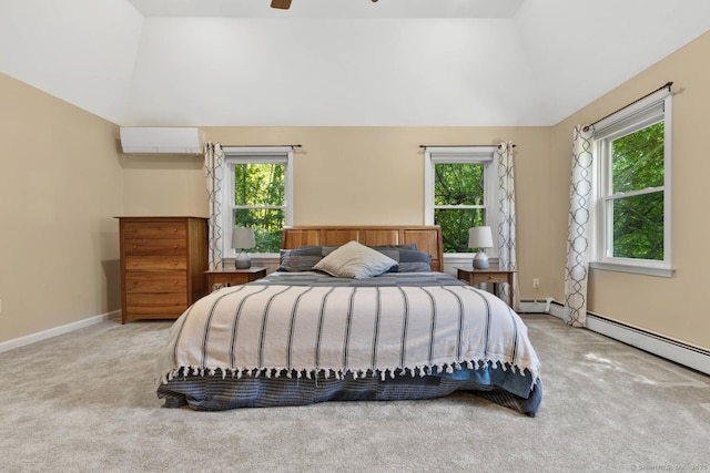15 Westwood Rd, Essex, CT 06442 - bedroom featuring lofted ceiling, carpet, a wall unit AC, multiple windows, and baseboards
