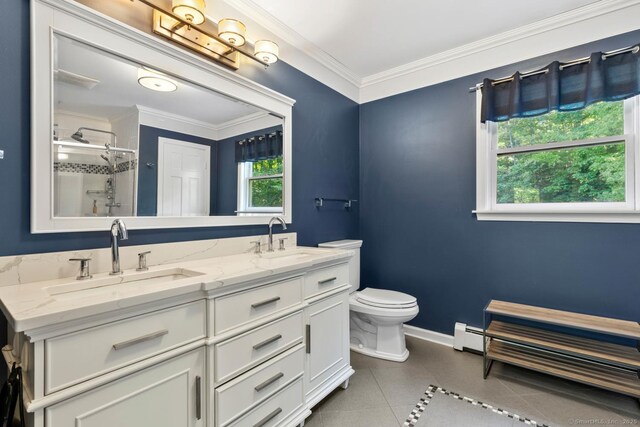 15 Westwood Rd, Essex, CT 06442 - full bath with a stall shower, toilet, double vanity, ornamental molding, and baseboards