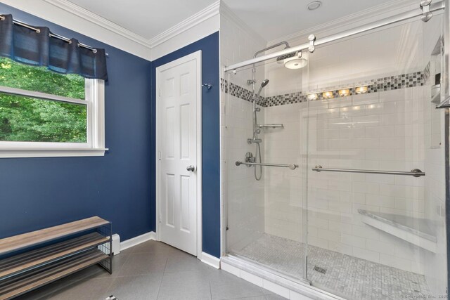 15 Westwood Rd, Essex, CT 06442 - full bathroom featuring a shower stall, crown molding, baseboards, and tile patterned flooring