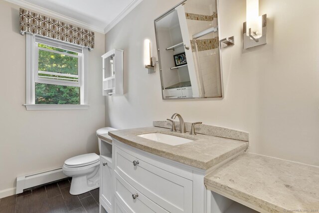 15 Westwood Rd, Essex, CT 06442 - full bathroom with a baseboard radiator, toilet, vanity, a tile shower, and crown molding
