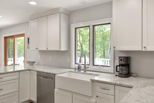 95 Vista Rd, Wilton, CT 06897 - kitchen with dishwasher, a sink, white cabinets, and recessed lighting