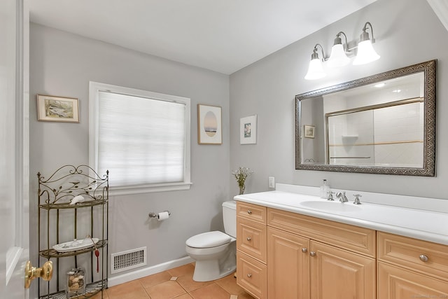 95 Vista Rd, Wilton, CT 06897 - bathroom featuring toilet, an enclosed shower, tile patterned floors, vanity, and baseboards