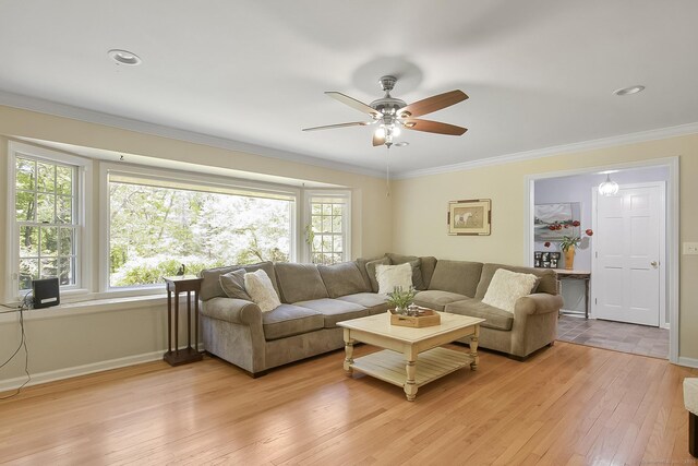 95 Vista Rd, Wilton, CT 06897 - living room featuring ceiling fan, light wood finished floors, baseboards, and ornamental molding