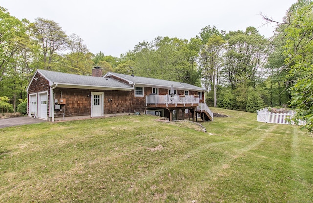 95 Vista Rd, Wilton, CT 06897 - rear view of house with stairs, a wooden deck, a chimney, driveway, and view of scattered trees