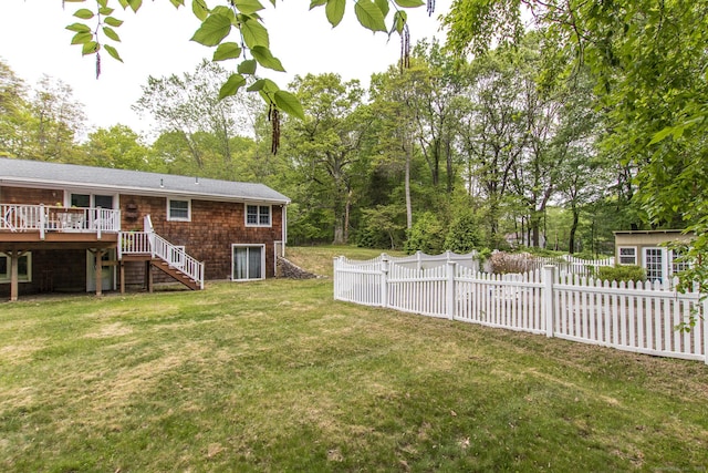 95 Vista Rd, Wilton, CT 06897 - view of yard with stairs, a wooden deck, and view of scattered trees