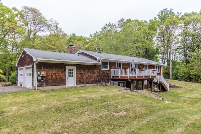 95 Vista Rd, Wilton, CT 06897 - rear view of property with stairs, a wooden deck, a lawn, a chimney, and roof with shingles
