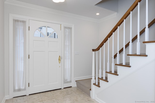 11 Norman Ln, Darien, CT 06820 - entryway with recessed lighting, ornamental molding, and stairs