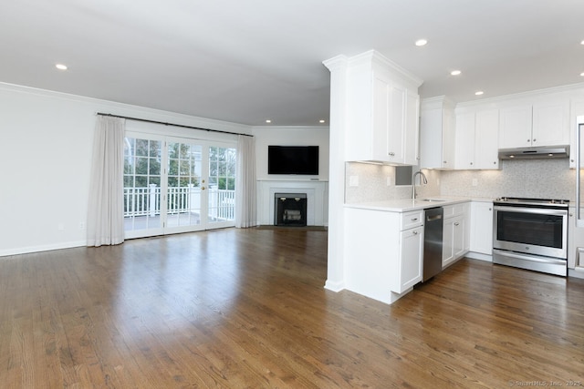 11 Norman Ln, Darien, CT 06820 - kitchen with stainless steel appliances, under cabinet range hood, open floor plan, crown molding, and dark wood finished floors